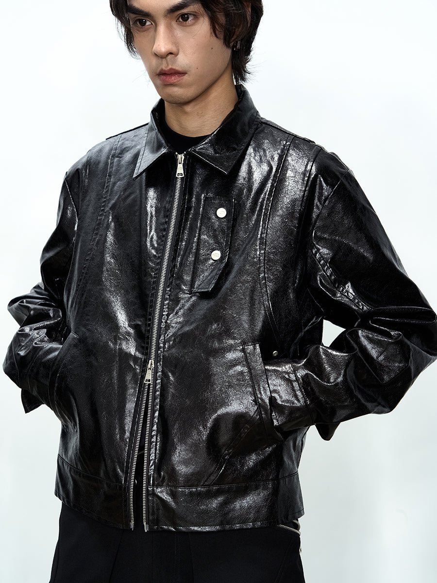 Arc-shape Split Leather Jacket