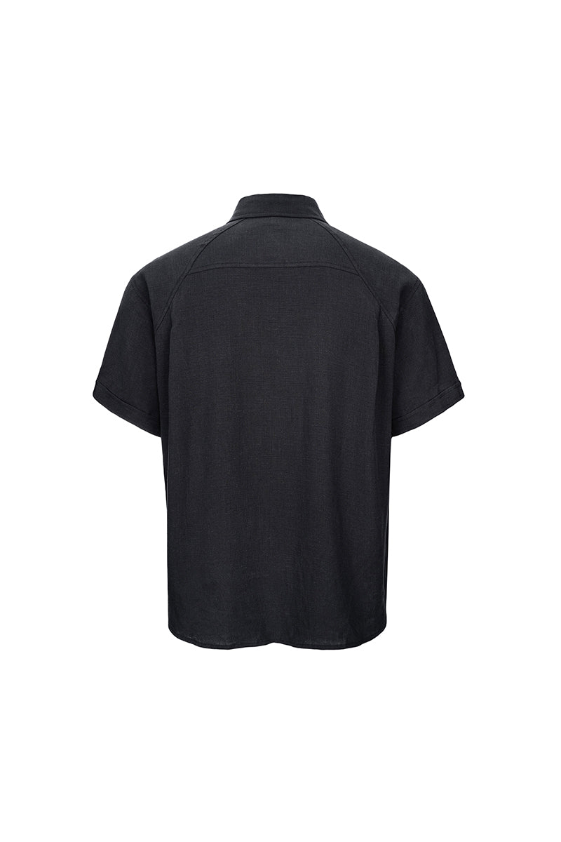 CATSSTAC Short-Sleeve Cotton-Linen Shirt with Cloud-Pattern Embroidery