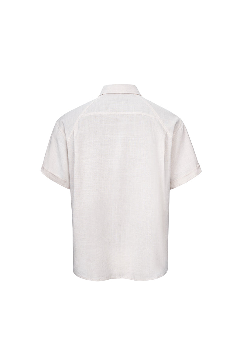 CATSSTAC Short-Sleeve Cotton-Linen Shirt with Cloud-Pattern Embroidery