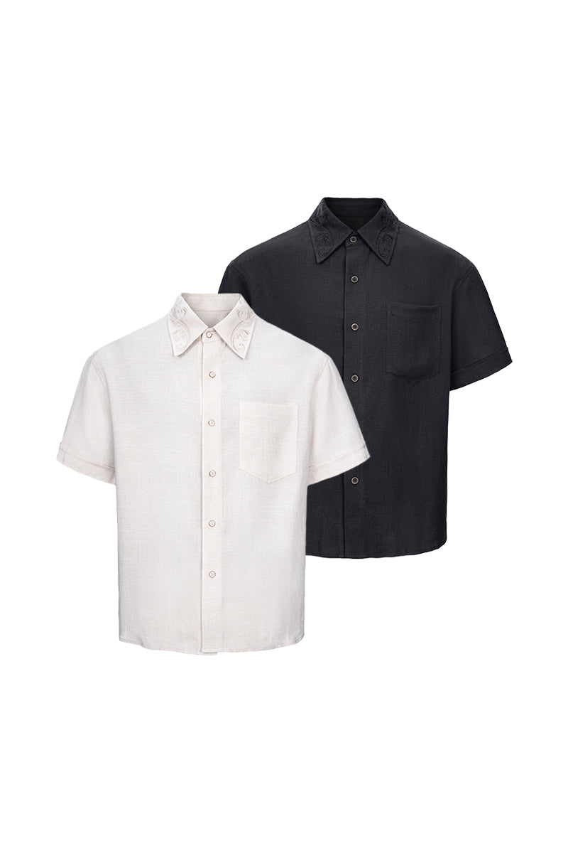 CATSSTAC Short-Sleeve Cotton-Linen Shirt with Cloud-Pattern Embroidery
