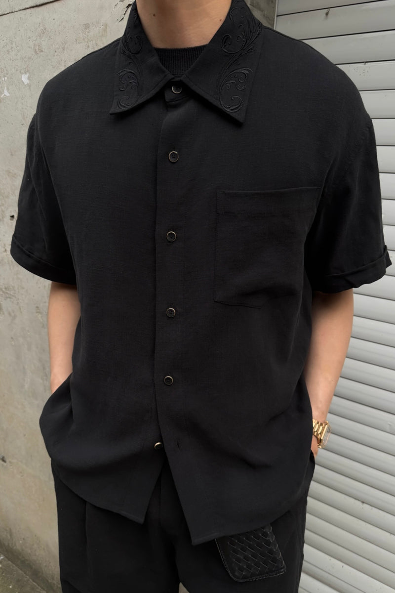 CATSSTAC Short-Sleeve Cotton-Linen Shirt with Cloud-Pattern Embroidery