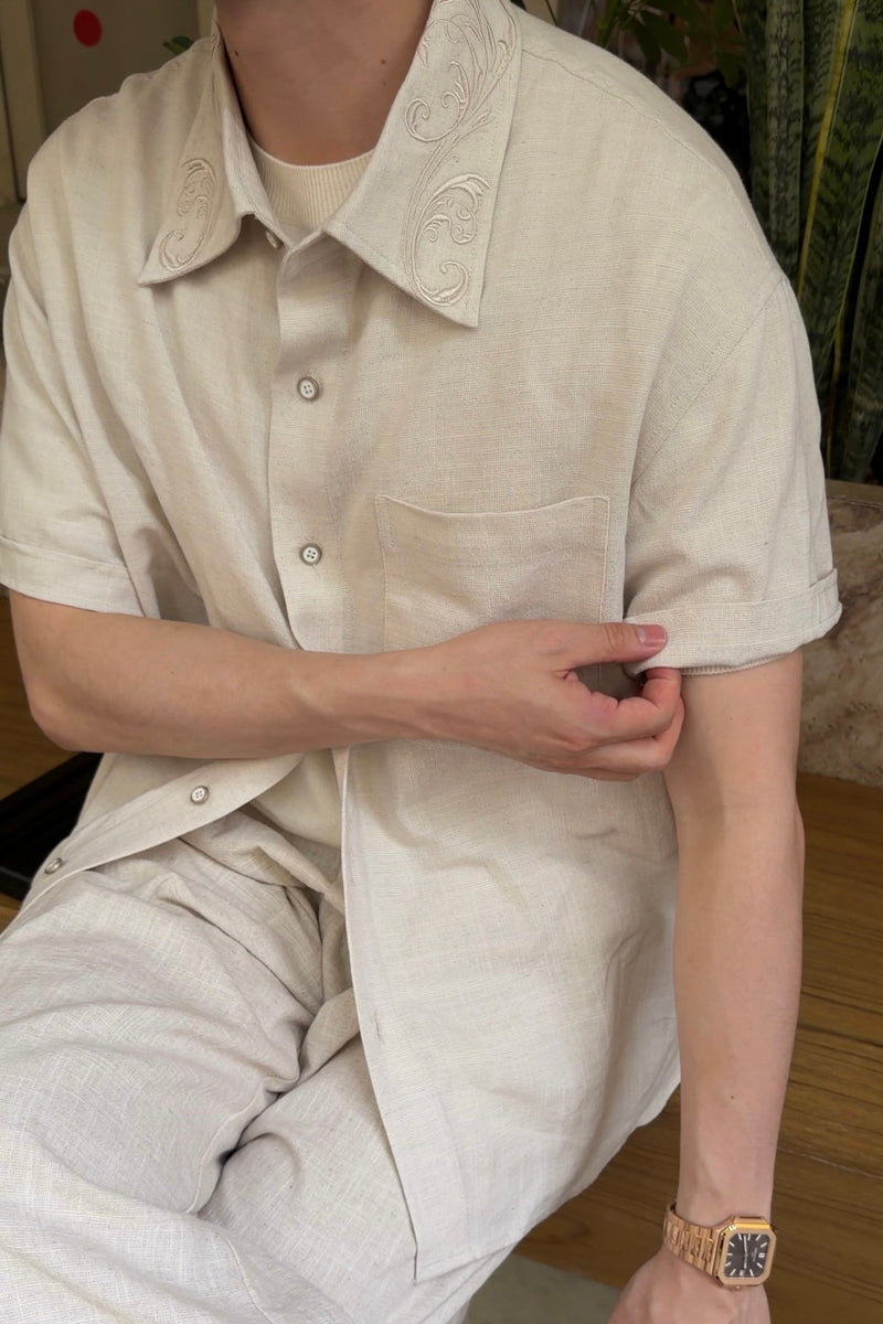 CATSSTAC Short-Sleeve Cotton-Linen Shirt with Cloud-Pattern Embroidery