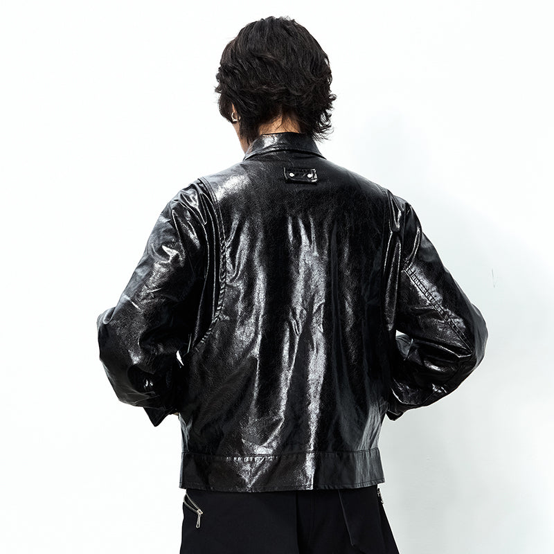 Arc-shape Split Leather Jacket