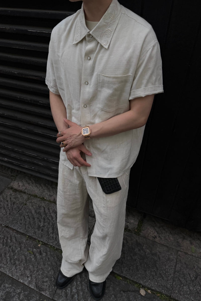 CATSSTAC Short-Sleeve Cotton-Linen Shirt with Cloud-Pattern Embroidery