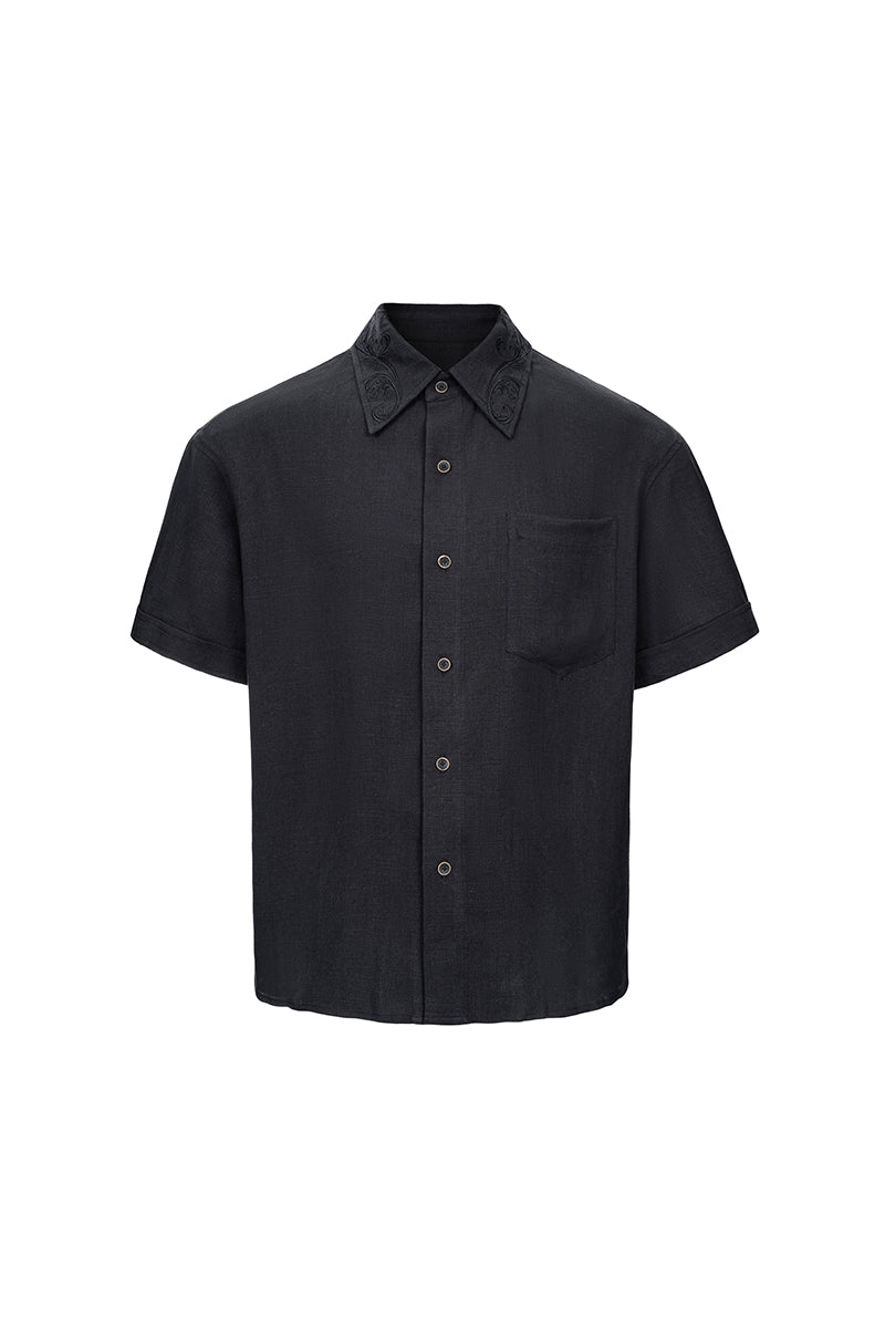 CATSSTAC Short-Sleeve Cotton-Linen Shirt with Cloud-Pattern Embroidery