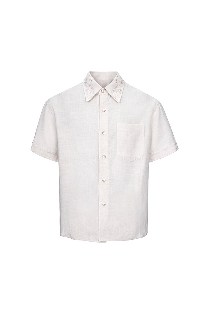 CATSSTAC Short-Sleeve Cotton-Linen Shirt with Cloud-Pattern Embroidery