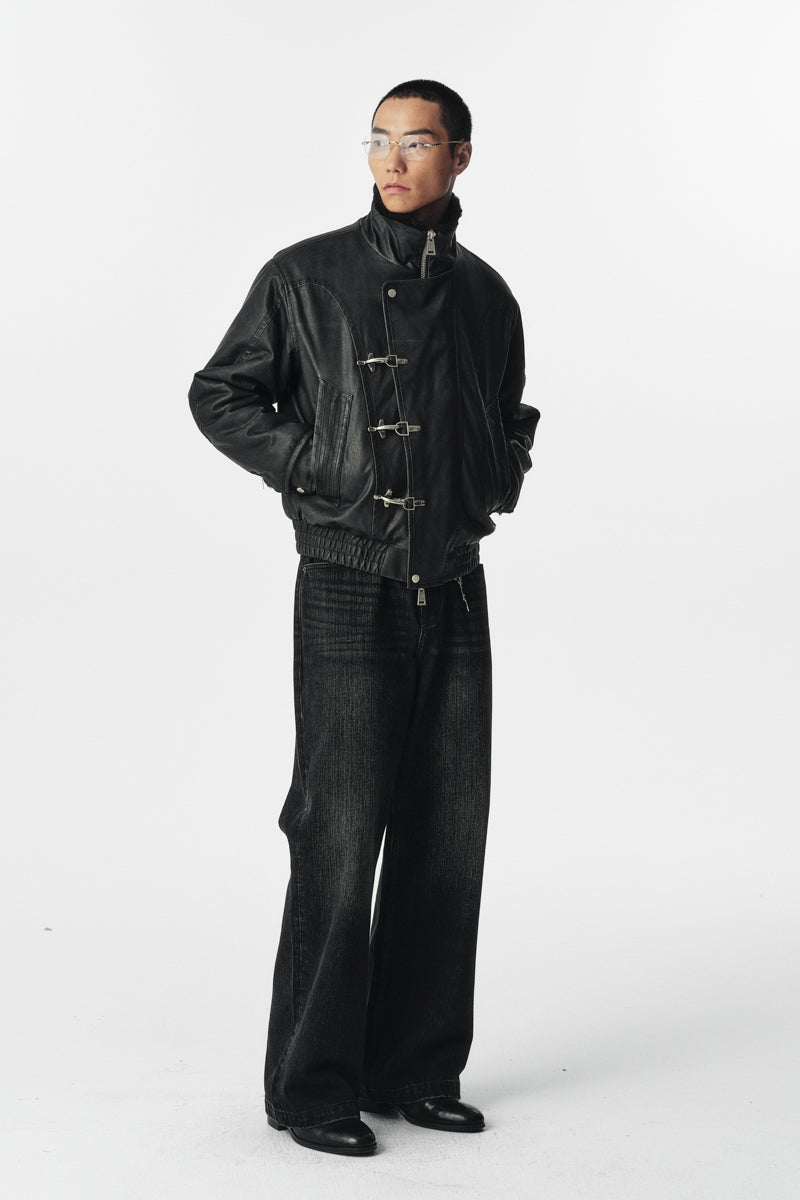 CATSSTAC Black Blade Washed PU Sherpa Collar Jacket