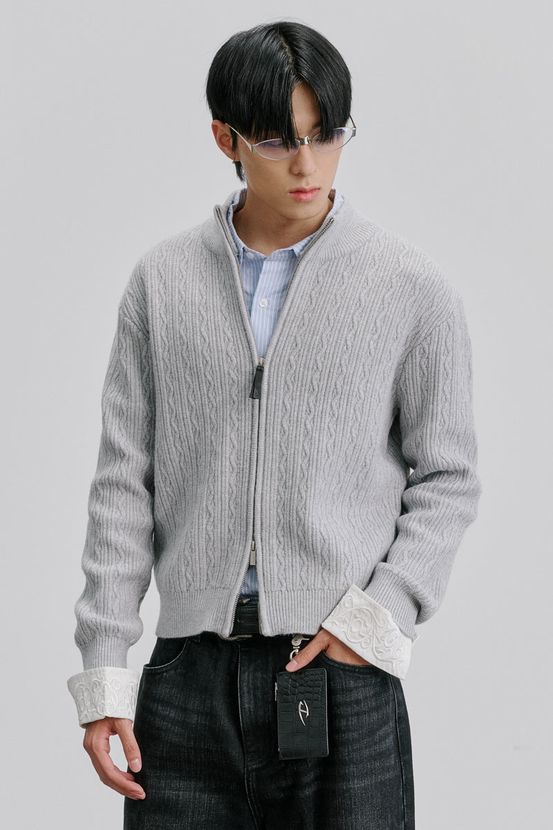 CATSSTAC Embossed Manor Wool-Blend Zip Cardigan