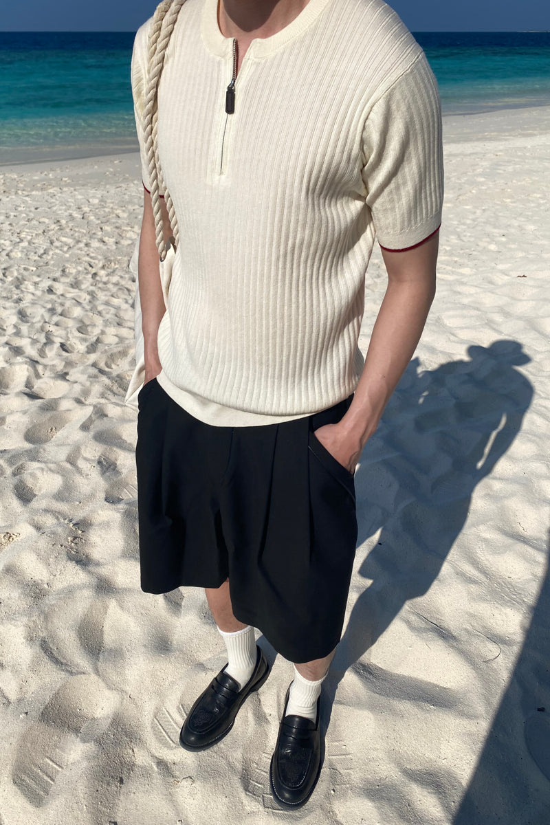 CATSSTAC Ribbed Wool Short-Sleeve Top with Half-Zip