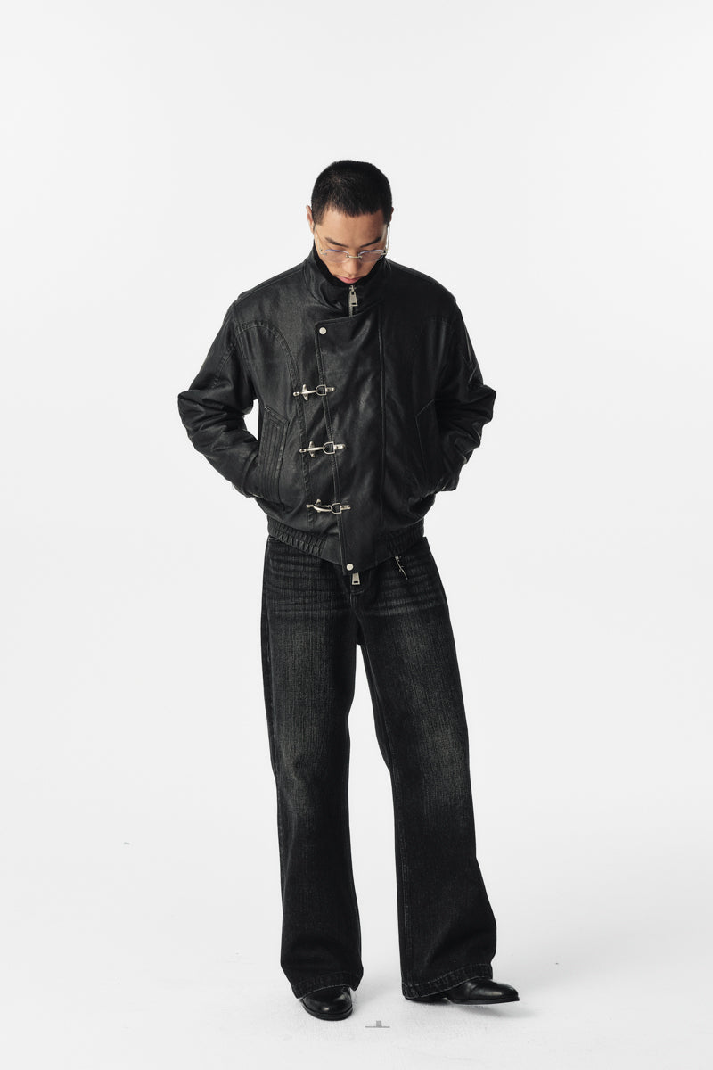 CATSSTAC Black Blade Washed PU Sherpa Collar Jacket