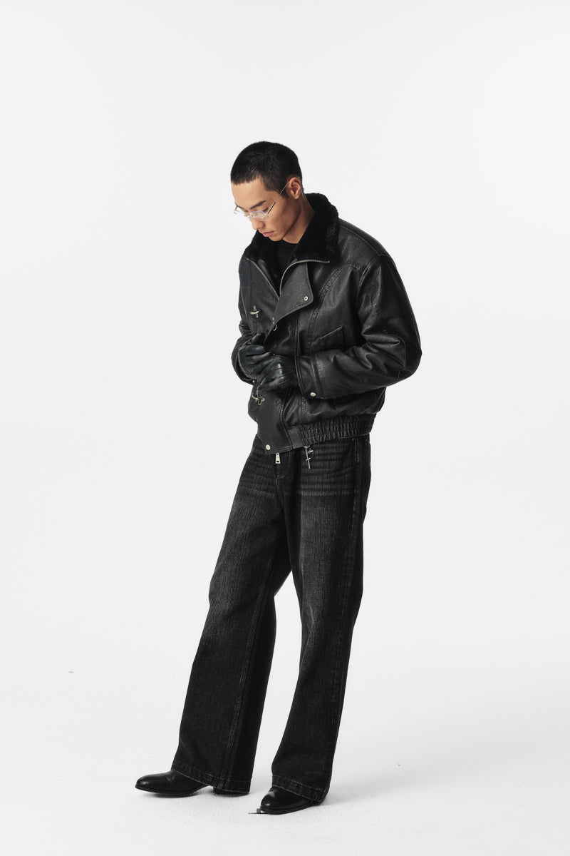 CATSSTAC Black Blade Washed PU Sherpa Collar Jacket