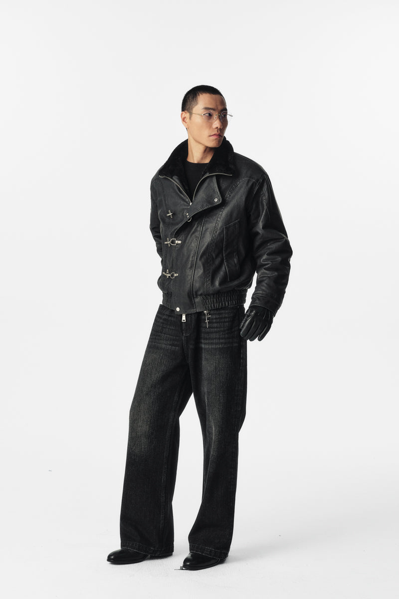 CATSSTAC Black Blade Washed PU Sherpa Collar Jacket