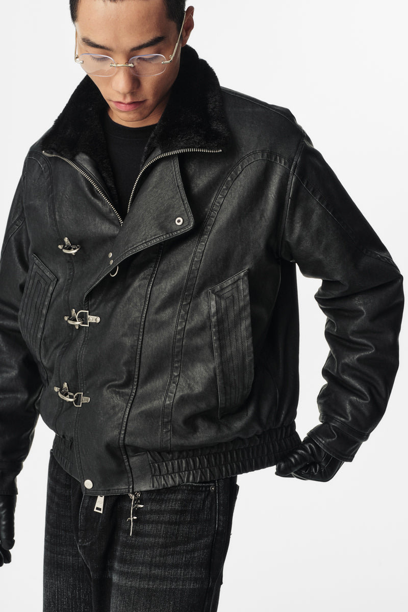 CATSSTAC Black Blade Washed PU Sherpa Collar Jacket