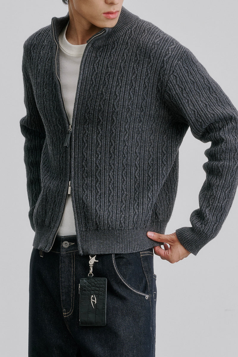 CATSSTAC Embossed Manor Wool-Blend Zip Cardigan