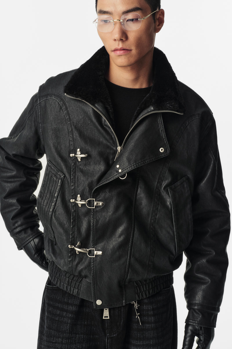 CATSSTAC Black Blade Washed PU Sherpa Collar Jacket