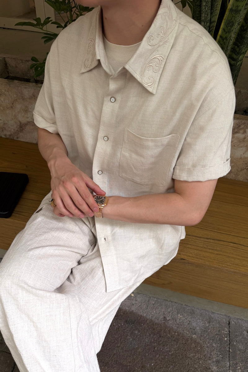 CATSSTAC Short-Sleeve Cotton-Linen Shirt with Cloud-Pattern Embroidery