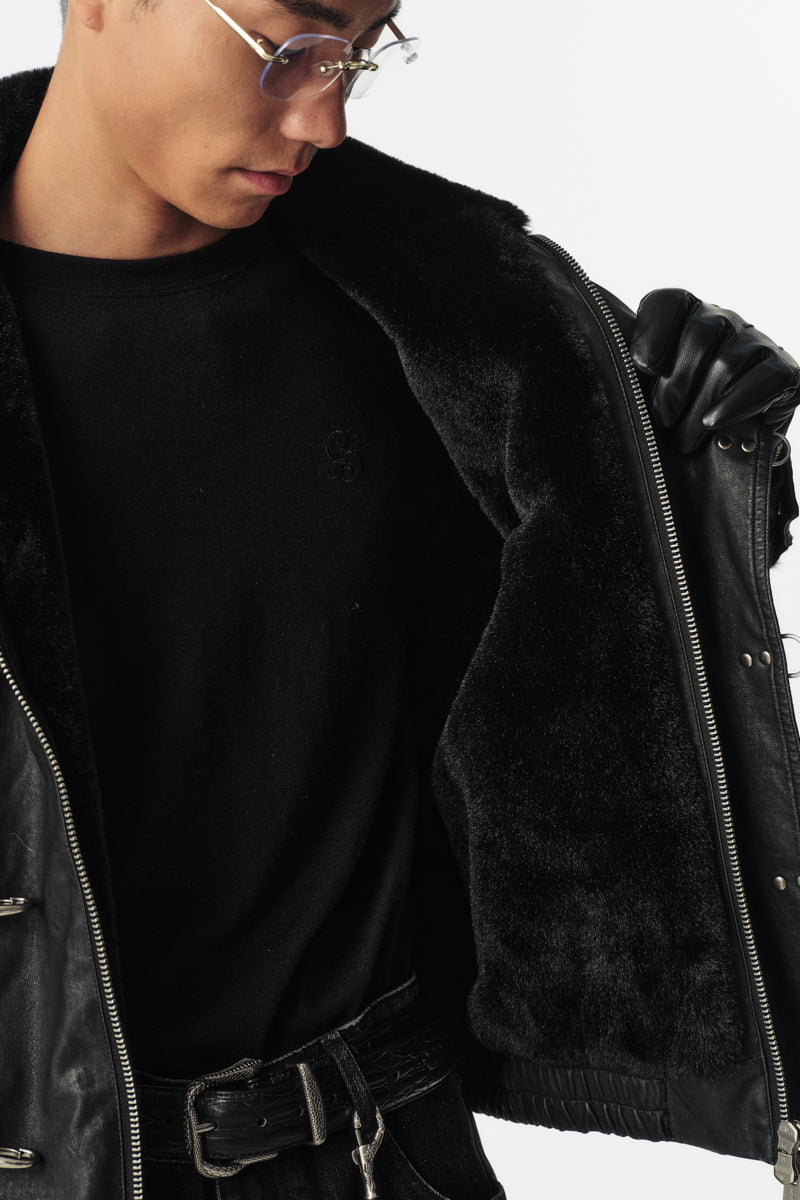 CATSSTAC Black Blade Washed PU Sherpa Collar Jacket