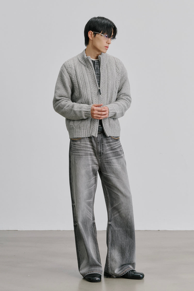 CATSSTAC Ridge Chunky Cable-Knit Zip-Up Cardigan
