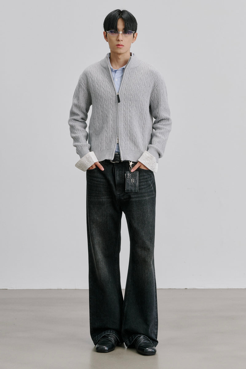 CATSSTAC Embossed Manor Wool-Blend Zip Cardigan