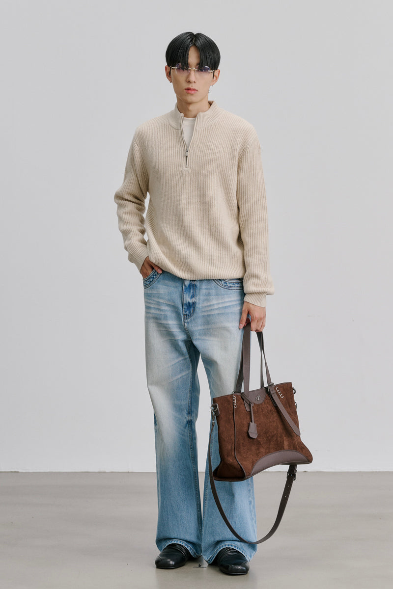 CATSSTAC Sunny Suede-Trimmed Stand-Collar Wool Blend Sweater