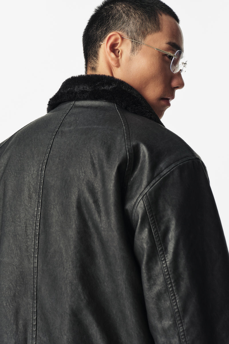 CATSSTAC Black Blade Washed PU Sherpa Collar Jacket
