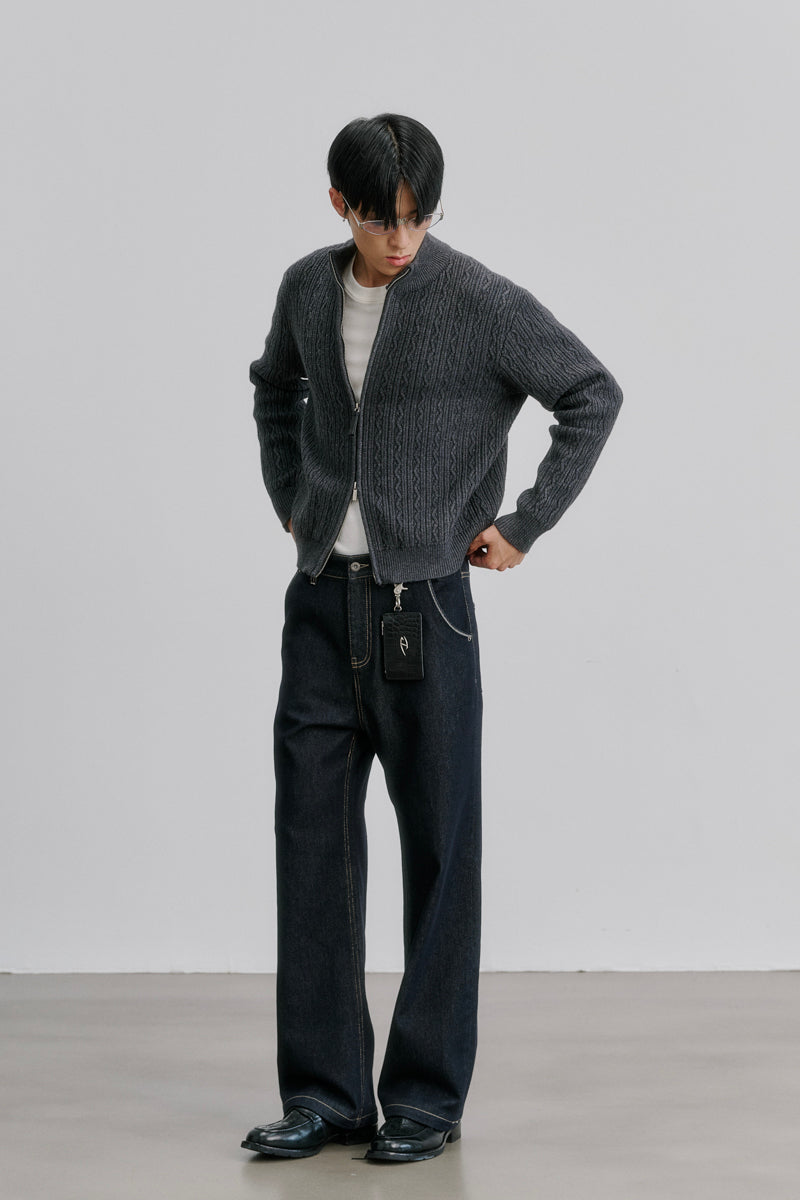 CATSSTAC Embossed Manor Wool-Blend Zip Cardigan