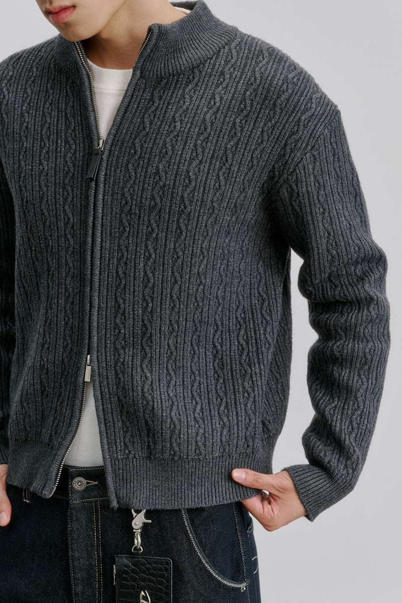 CATSSTAC Embossed Manor Wool-Blend Zip Cardigan