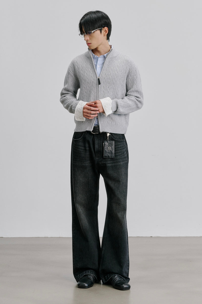 CATSSTAC Embossed Manor Wool-Blend Zip Cardigan